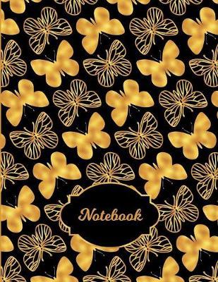 Notebook: Large Size College Ruled Black and Gold Butterflies Cover - Blank Lined Interior