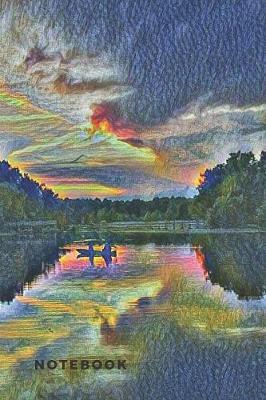 Notebook: Fishing in the boat on the lake at sunset - blank lined notebook