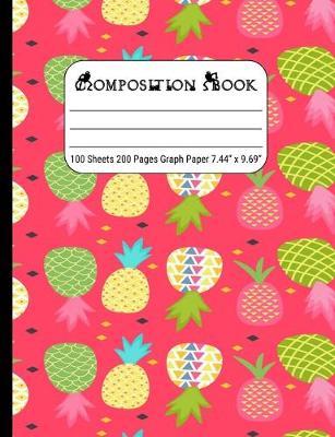 Composition Book Graph: Paper Quad Rule (4x4) Graph Paper, Four Squares per Inch Journal Notebook for Math, Science, School, Home or Work, Multicolor Pineapple on Coral Red
