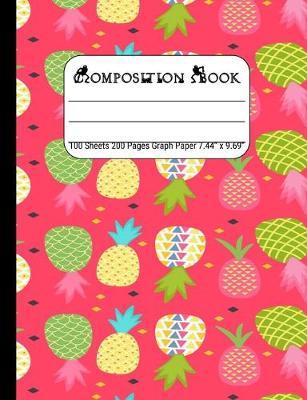 Composition Book Graph: Paper Quad Rule (4x4) Graph Paper, Four Squares per Inch Journal Notebook for Math, Science, School, Home or Work, Multicolor Pineapple on Coral Red
