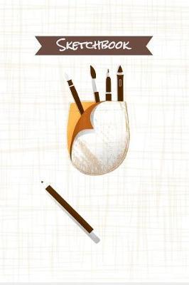 Sketchbook: Art Supplies Coming from Pocket Design featuring a pencil, a calligraphy pen, a brush, a technical design pencil and a tablet pen, falling from a ripped pocket