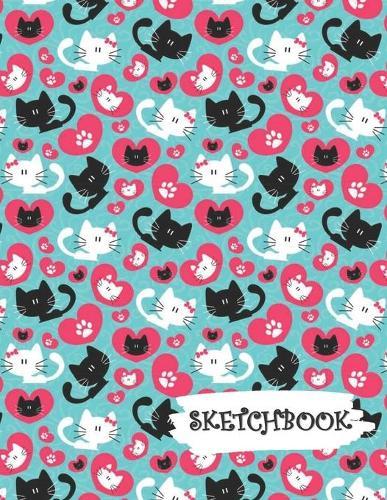 Sketchbook: Cute Cartoon Cat with Hearts Fun Framed Drawing Paper Notebook