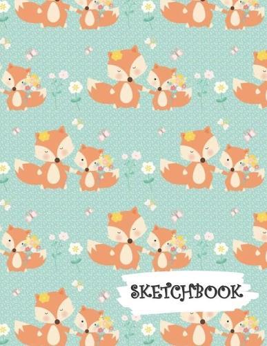 Sketchbook: Mommy & Baby Fox with Flowers Blue Fun Framed Drawing Paper Notebook