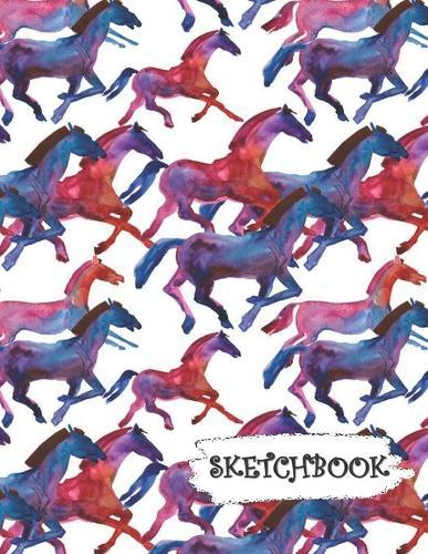 Sketchbook: Red & Blue Watercolor Wild Horses Fun Framed Drawing Paper Notebook