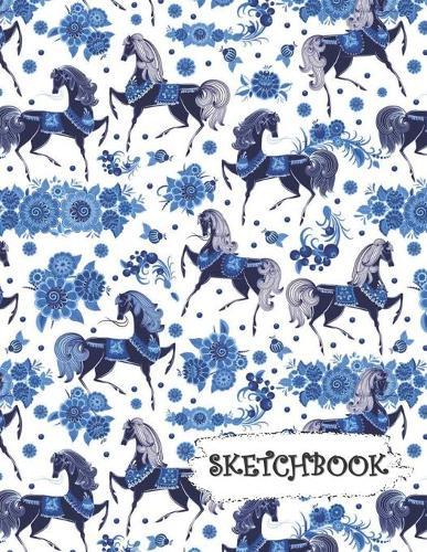 Sketchbook: Artistic Russia Prancing Horse with Blue Flowers Fun Framed Drawing Paper Notebook