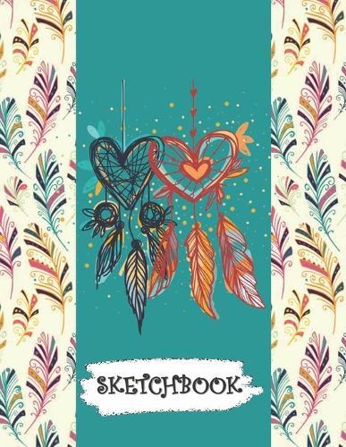 Sketchbook: Colorful Feathers & Heart Shaped Dream Catcher Fun Framed Drawing Paper Notebook
