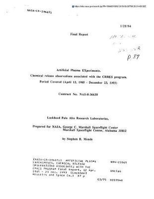 Artificial Plasma Experiments. Chemical Release Observations Associated with the Crres Program