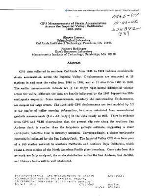 GPS Measurements of Strain Accumulation Across the Imperial Valley, California: 1986-1989