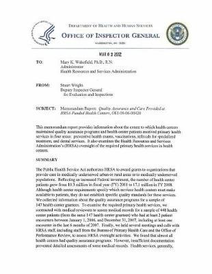 Memorandum Report: Quality Assurance and Care Provided at Hrsa-Funded Health Centers.