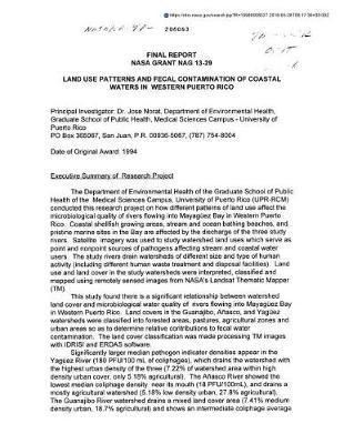 Land Use Patterns and Fecal Contamination of Coastal Waters in Western Puerto Rico