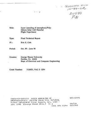 Laser Annealing of Amorphous/Poly: Silicon Solar Cell Material Flight Experiment