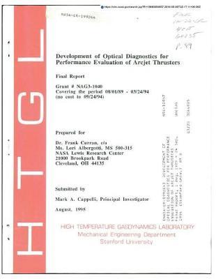 Development of Optical Diagnostics for Performance Evaluation of Arcjet Thrusters