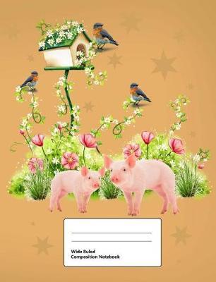 Wide Ruled Composition Notebook: Writing Book Journal, Soft Cover, Blank Lined Paper, 100 Pages, Cute Animals Pigs and Birdhouses for Kids Yellow