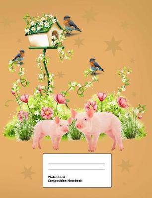 Wide Ruled Composition Notebook: Writing Book Journal, Soft Cover, Blank Lined Paper, 200 Pages, Cute Animal Designs Pigs and Birdhouses for Kids Yellow