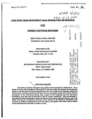 Low Cost High Efficiency GAAS Monolithic RF Module for Sarsat Distress Beacons