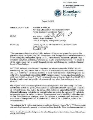 Capping Report: Fy 2010 Fema Public Assistance Grant and Subgrant Audits Report DD-11-17