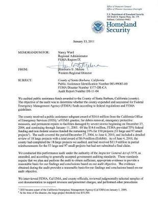 County of Santa Barbara, California Public Assistance Identification Number 083-99083-00 Fema Disaster Number 1577-Dr-CA Audit Report Number Ds-II-04
