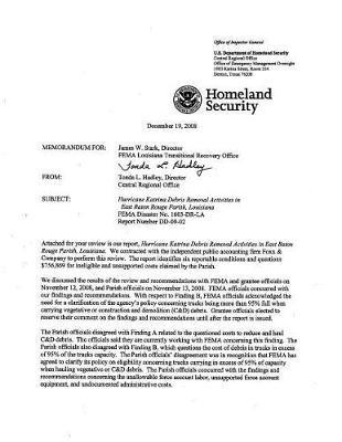 Hurricane Katrina Debris Removal Activities in East Baton Rouge Parish, La, Fema Disaster No. 1603-Dr-La, Report No. DD-09-02