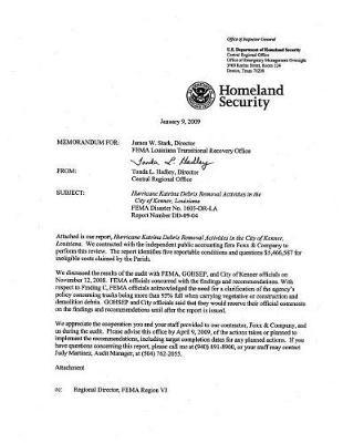 Hurricane Katrina Debris Removal Activities in the City of Kenner, La, Fema Disaster No. 1603-Dr-La, DD-09-04