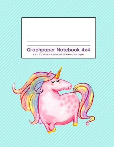 Graphpaper Notebook 4x4: Unicorn turquoise design 100 pages of graph paper with bigger squares for younger students