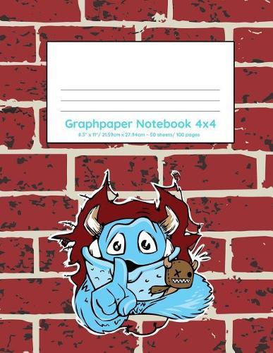 Graphpaper Notebook 4x4: Cute monster breaking through wall design 100 pages of graph paper with bigger squares for younger students