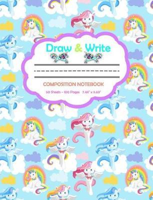 Draw and Write Composition Notebook: Cute Baby Blue Unicorns - 100 Pages for Drawing and Writing 7.44 X 9.69