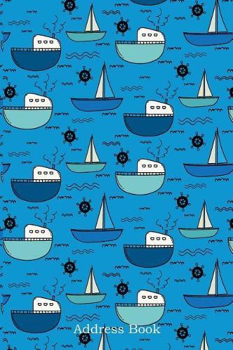 Address Book: Alphabetical Index with Blue Hand Drawn Fishing Boat Pattern Background Cover