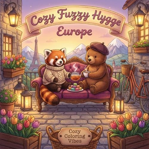 Cozy Fuzzy Hygge Europe: Easy Bold Line Cute Animal Coloring Book for Adults Cafes, Retreats, Stress Relief, Canal & Fun Storybook Travel Escapes Relaxing Mental Reset, Anxiety Calm, Mindfulness Therapy & Creative Self-Care Gift for Women & Teens