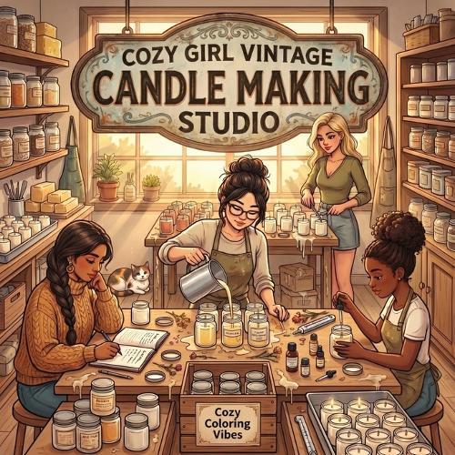 Cozy Girl Vintage Candle Making Studio: Cute Fun Bold Line Craft Adult Coloring Book Aesthetic Hobby Scenes, Relaxing Daily Moments, Peaceful Hygge Stitching Designs Anxiety Relief, Mindfulness Activities & Creative Art Therapy Gift for Women & Teens