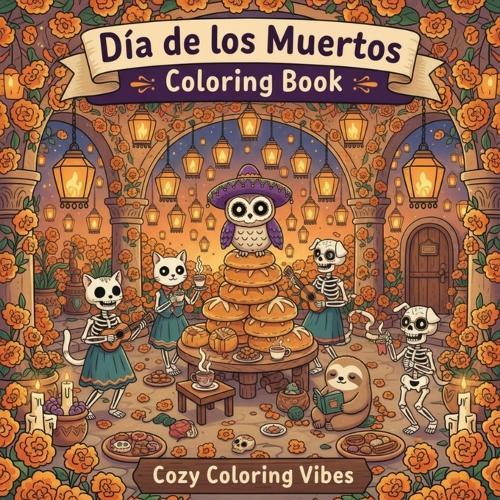 Dia de los Muertos Coloring Book: Cute Day of the Dead Calavera Animals, Adorable Skeletons, Sugar Skulls & Festive Foods Bold Folk Art Designs for Relaxation, Stress Relief & Mindful Creativity Cozy Hygge Spaces for Adults & Teens to Color