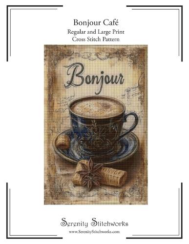 Bonjour Café Cross Stitch Pattern: Regular and Large Print Cross Stitch Pattern