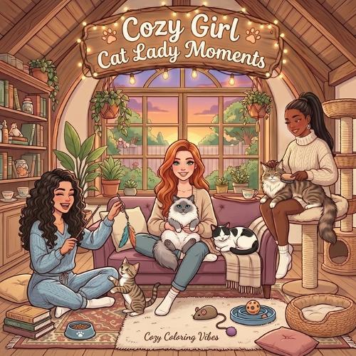 Cozy Girl Cat Lady Moments: Cute Comfy Homebody Adult & Teens Coloring Book Easy Bold Line Hygge Design, Relaxing Home Comfort Kitten Scenes & Daily Good Vibes Self-Care, Therapy Stress Relief, Mindful Relaxation & Fun Creative Art Screen-Free Gift